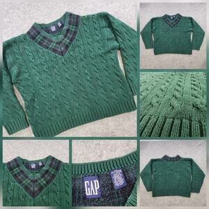 VTG GAP Sweater Womens XL Green Cable Knit Plaid V Neck Cotton Pullover Preppy